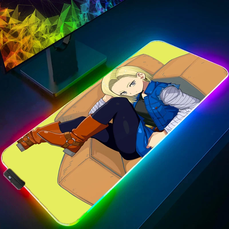 Dragon Ball Android 18 LED Mouse Padคอมพิวเตอร์แล็ปท็อปอะนิเมะคีย์บอร์ดRGBแผ่นรองเม้าส์Mousepadคีย์บอร์ดเกมBacklightโต๊ะ
