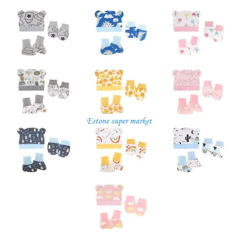 090B 1Set Baby Anti Scratching Gloves Ears Hat Foot Cover Set Soft Cotton Mitten