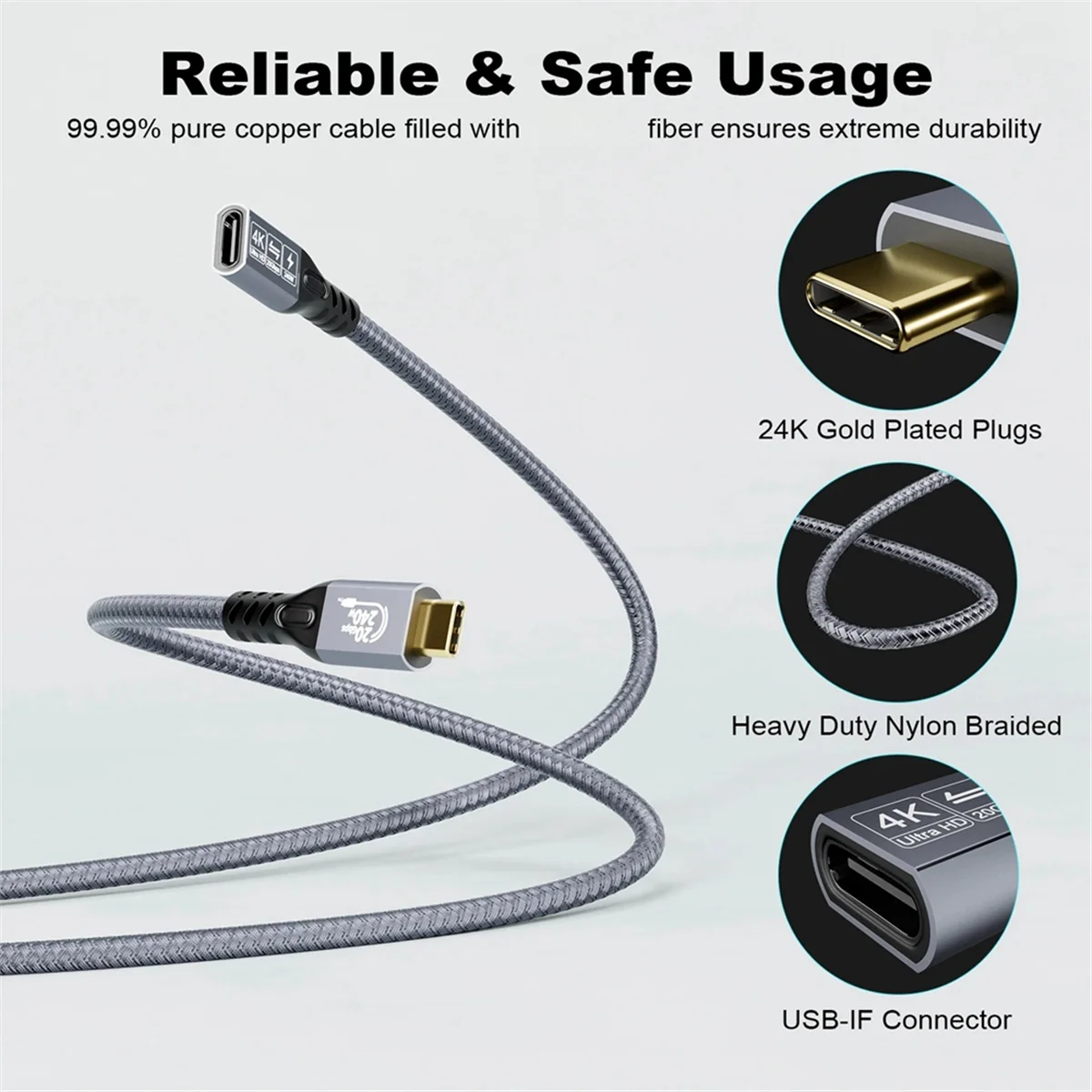 Kabel ekstensi USB 4K, kabel ekstensi USB tipe-c jantan ke betina Ultra HD 20Gbps 240W Data cepat HD, jalur transmisi 1m