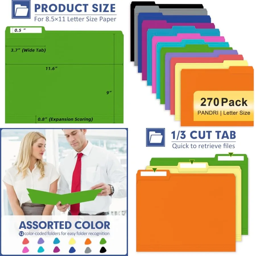 

File Folder, 270 Pack Colored File Folder, 1/3 Cut Tab, Letter Size, Filing Folder for Office School Business