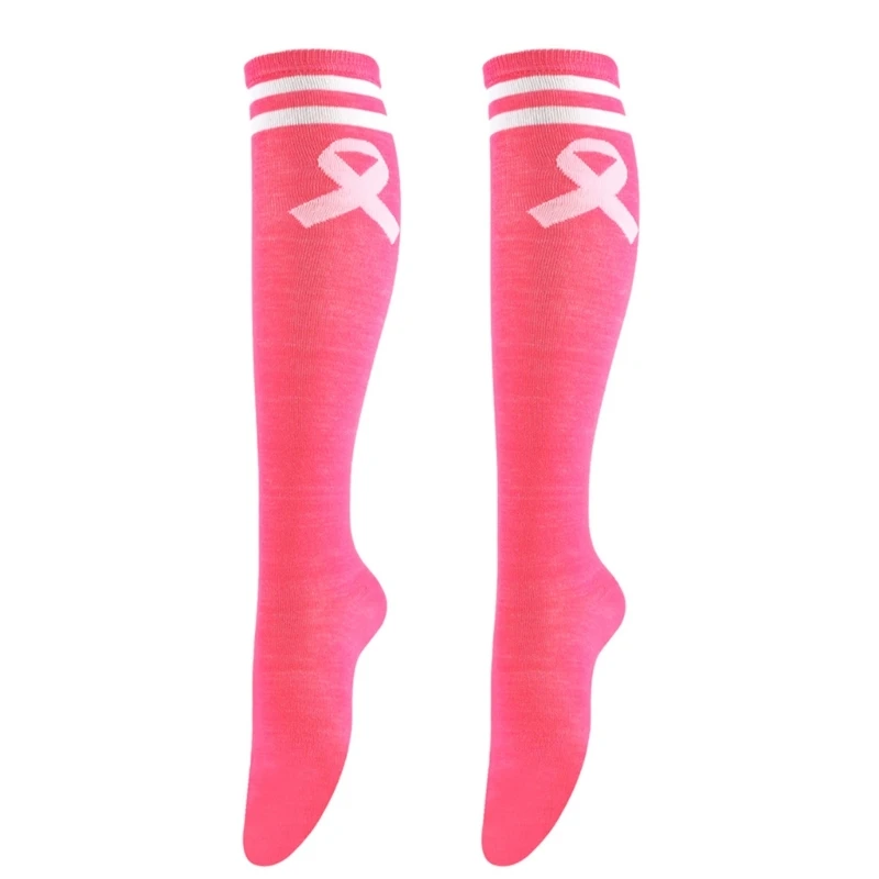 Women Pink Ribbon Breast Health Awareness Calf Socks Athletic Knee High Stocking