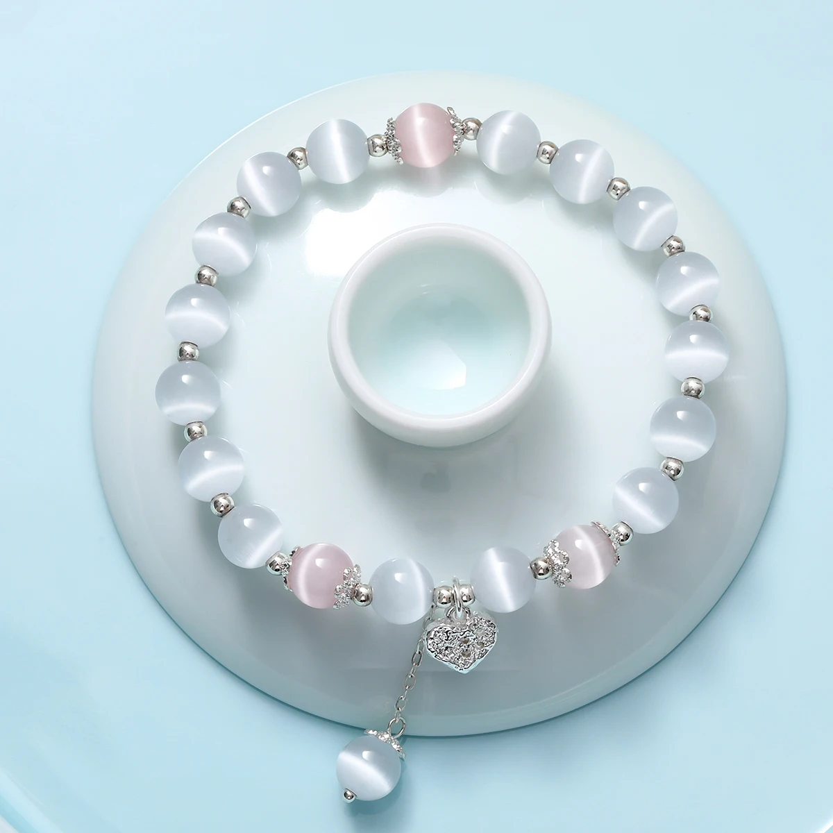 Women White & Pink Cat Eye Beaded Bracelet Cute Lovely Lucky Lock Charm Handmade Elastic Bead Bracelet 8mm Fashion Jewelry Gifts