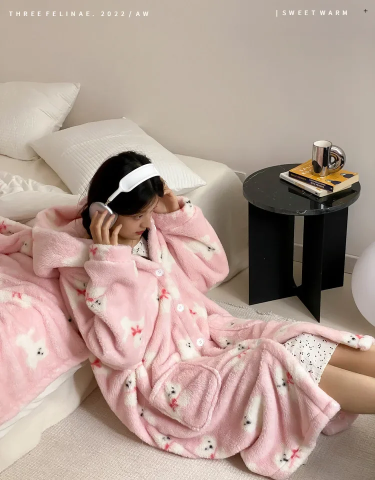 Autumn Winter Girls Robes Hooded Soft Korean Fashion Fleece Long Sleeve Single Breast Cute Cartoon Mid Length Nightgown