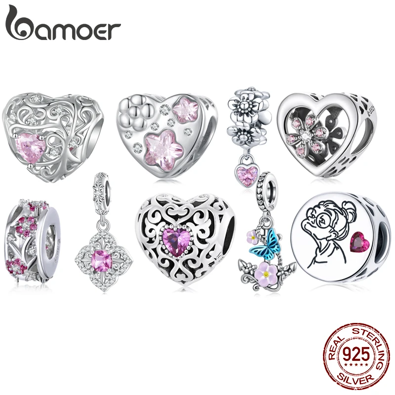 Bamoer 925 Sterling Silver Pink Zircon Love Bead Vine Hollow-out Heart Charm for Women Bracelet and Bangle DIY Jewelry BSC777