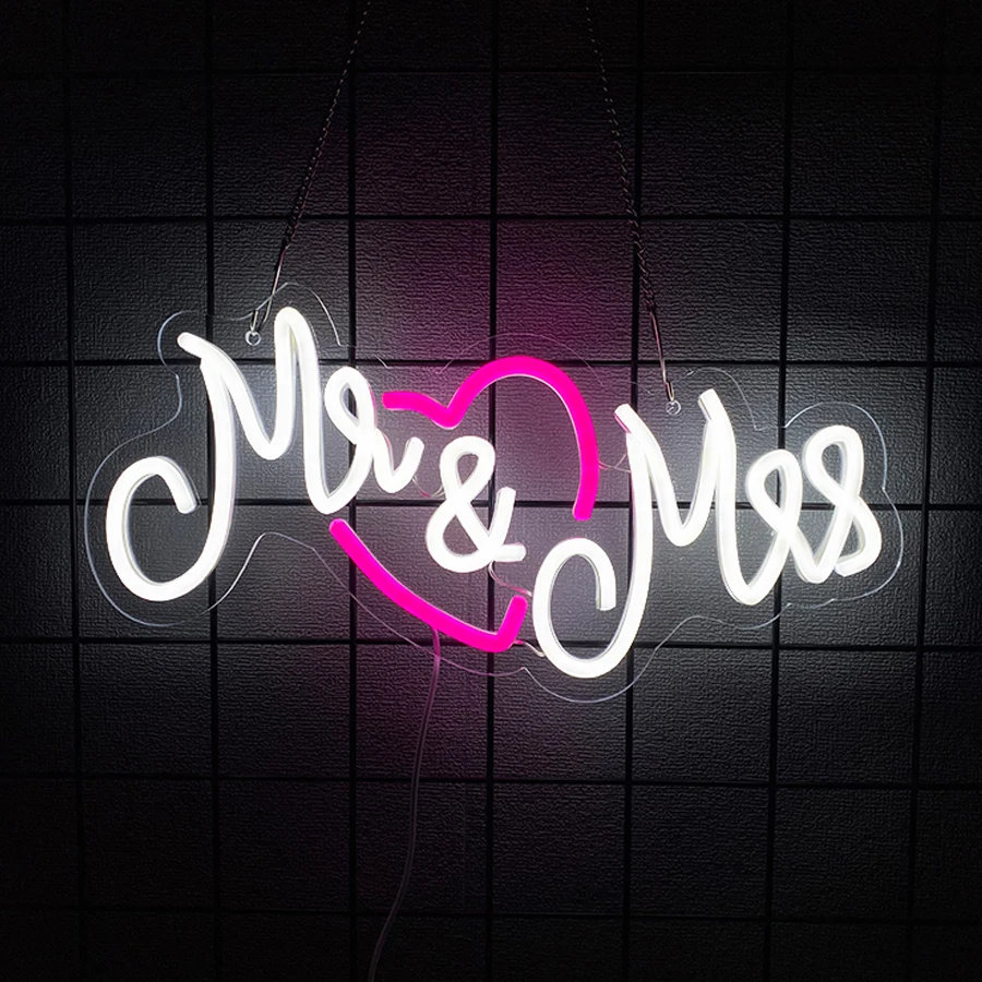 Mr And Mrs Led Neon Sign, Heart-Shaped Icon Used For Bedroom, Reception, Engagement Party, Anniversary And Wedding Art Decor.