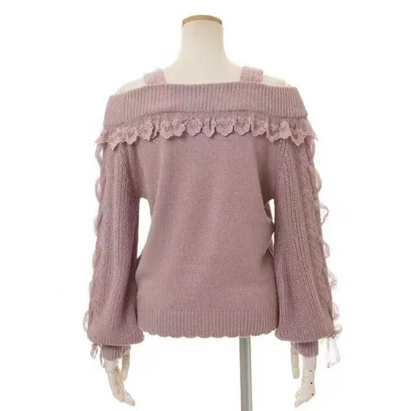 Lolita Pullover lavorato a maglia carino dolce fiocco con spalle scoperte maglieria top ragazze primavera autunno Kawaii rosa elegante maglione a