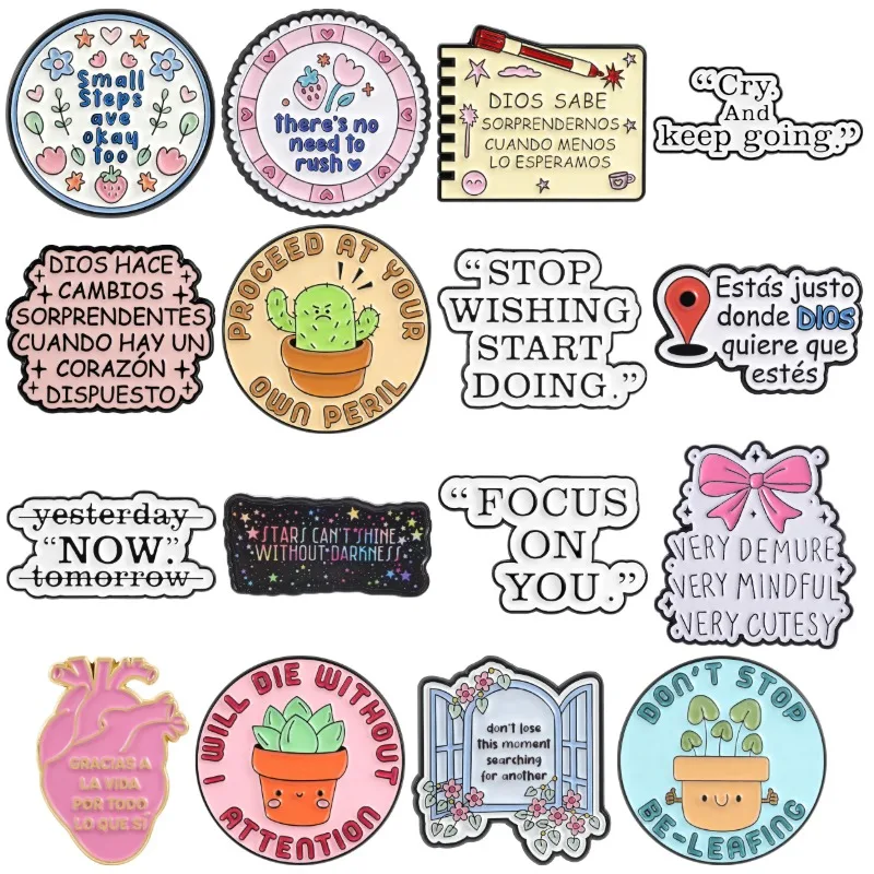 16 Style Positive Vibes Enamel Pins Spanish Quotes Plant Brooches Lapel Badges Fun Encouraging Jewelry Gift for Friends