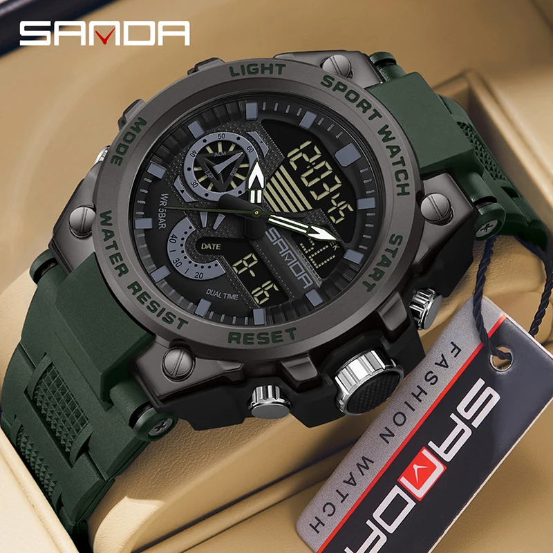 Fashion Sanda Model Men Cool Design Mutiple Functions Teenagers Water Resistant Outdoor Alarm Mode Dual movement Wrist Watches