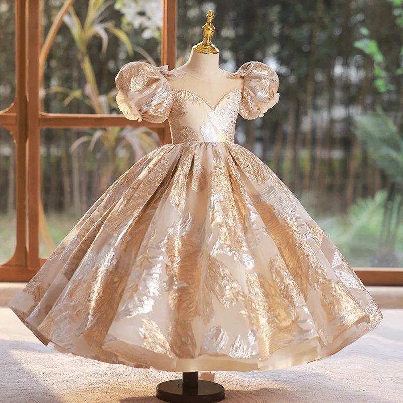 2024 Luxury Bubble Sleeves Girls Dress Fashion Round Neck Princess Dresses Holiday Party Children\'s Vestidos Ball Gown for Girl