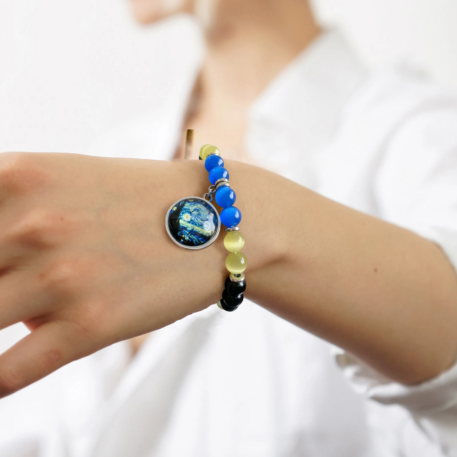 فان جوخ عباد الشمس سحر سوار القط العين حجر مطرز أساور ممتدة للنساء الرجال لوحات فنية سوار مجوهرات هدية