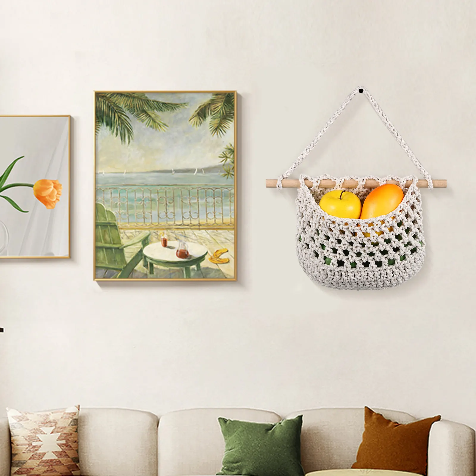 

Набор из 2-х настенных корзин для фруктов ручной работы из хлопка, подвесные органайзеры для хранения для кухни и гостиной, сетчатые мешки для овощей в стиле бохо-макраме