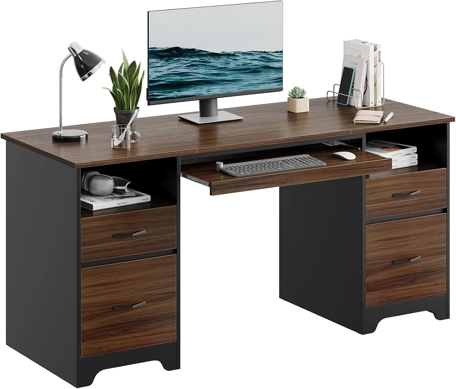 Industrial Executive Desk with File Drawer, Keyboard Tray & 2 Pedestals for Home Office & Studio, Cherry