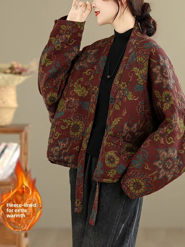 

2025 Winter Vintage Large Size Cotton Jaet Printed Batwing Sve Versatile Mid-aged Clothing Buttoned Thiened V-ne Coat