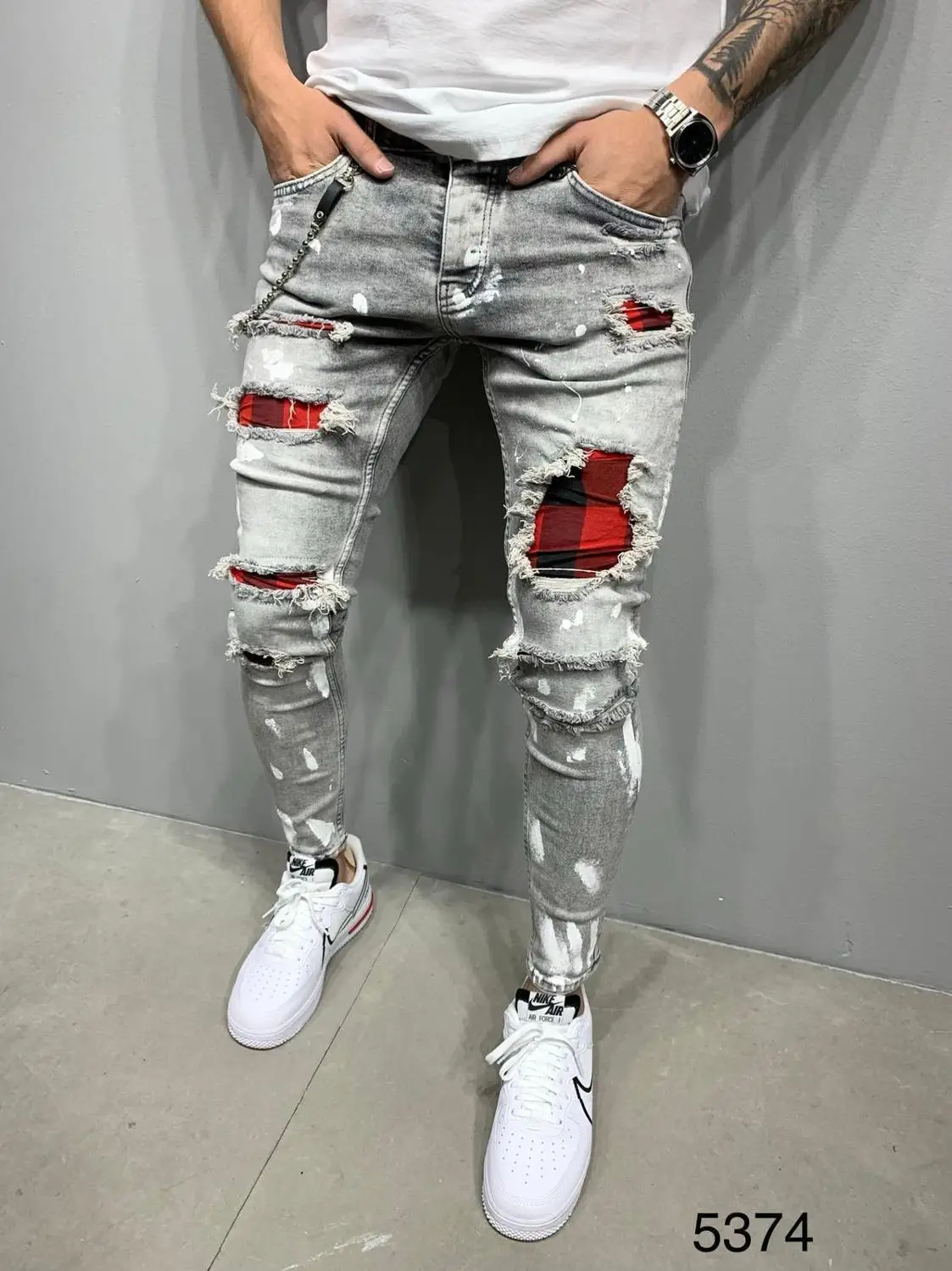 Fashion Y2K Mens Slim Fit Ripped Feet Jeans 2024 Autumn New Skinny Hole Jean Pants Street Men Denim Pants Vaqueros Hombre Cowboy