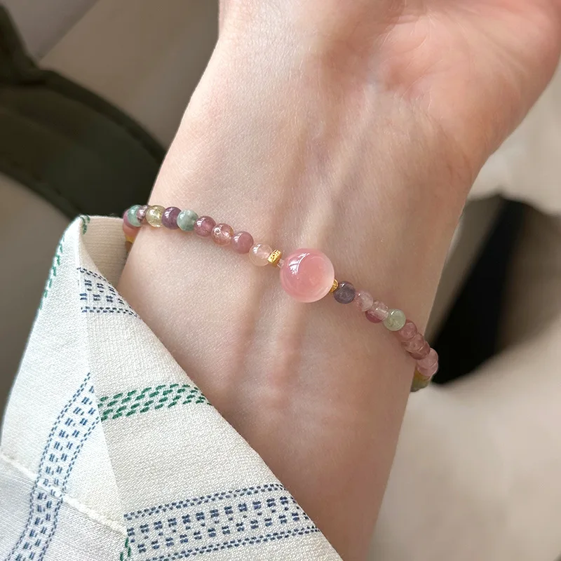 

Chinese style tourmaline bracelet 925 sterling silver handmade bracelet female elastic rope adjustable size