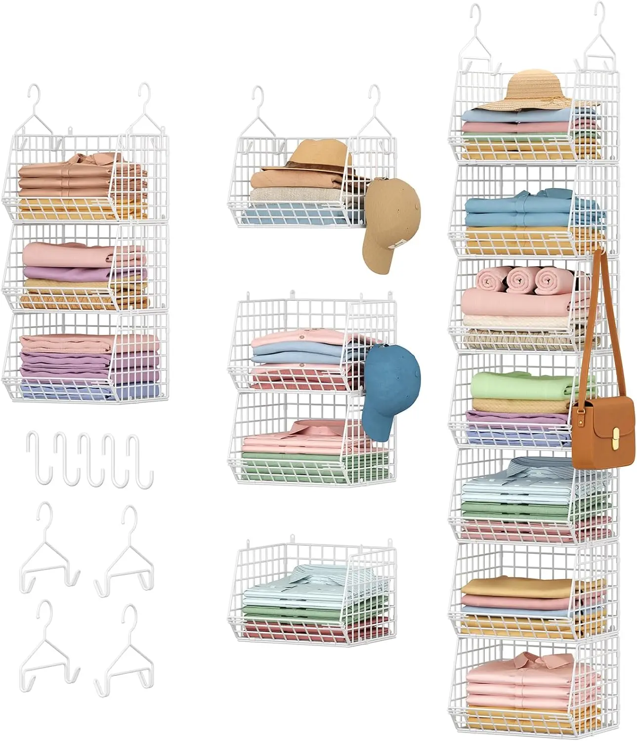 

7 Tier Hanging Closet Organizer and Storage, Foldable Wire Closet Shelving with 5 S Hooks,Hanging Basket for Clothes Sweaters Sh