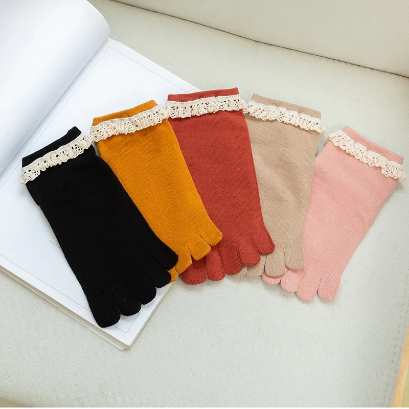 Autumn Winter Sweet Lace Edge Five Finger Socks Women Solid Color Short Ankle Socks Sweat-absorbing Breathable Split Toe Socks