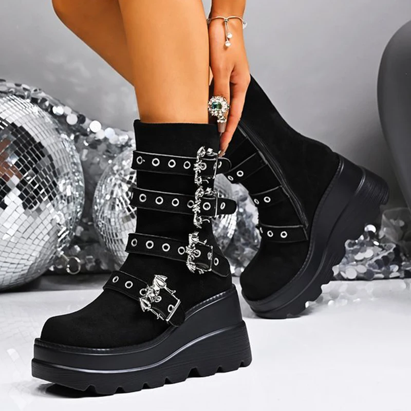 

Punk Wedges Ankle Boots for Women Fashion Buckle Super High Heel Gothic Shoes Woman Plus Size Chunky Platform Black Botas Lady