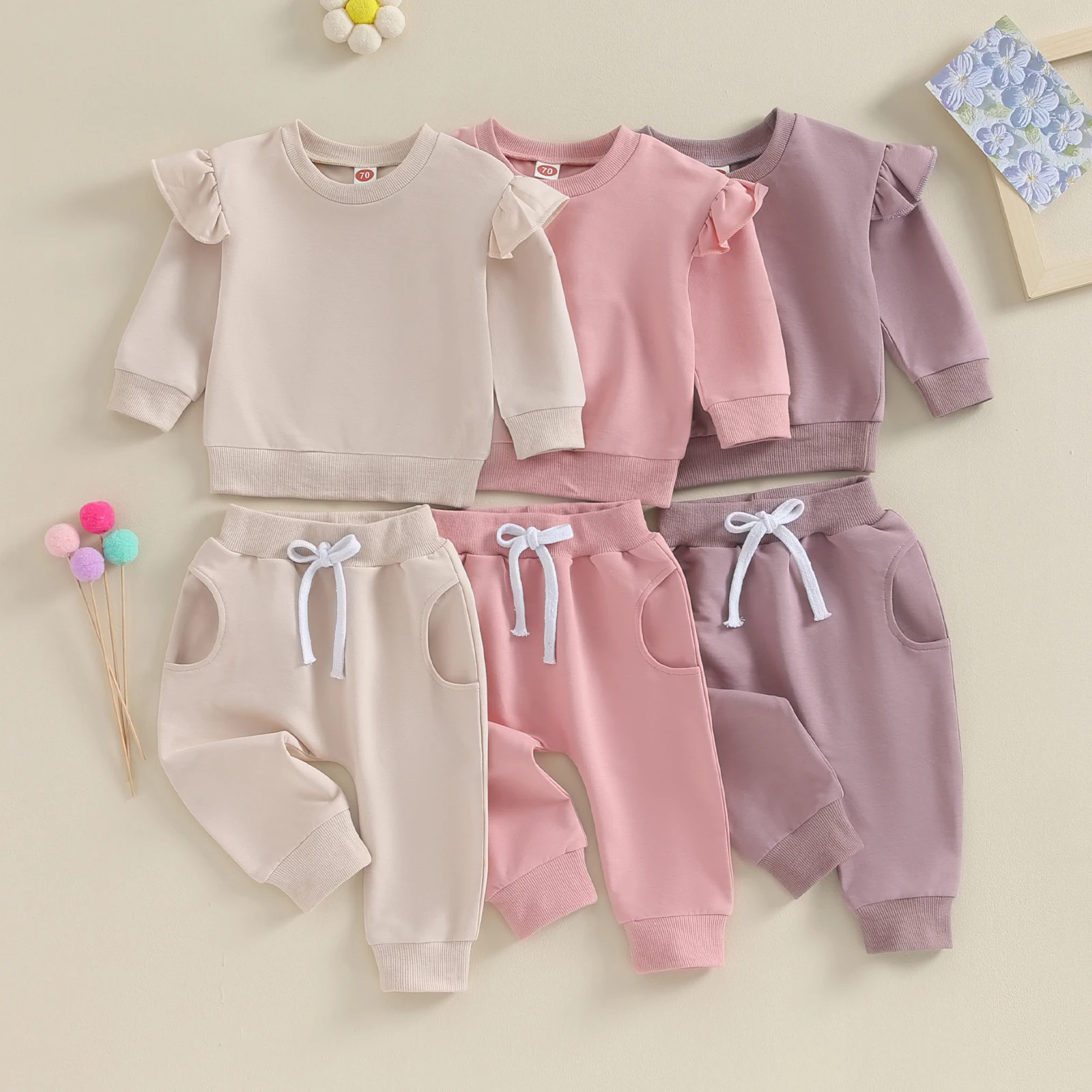 

2PCS Baby Girls Fall Spring Outfits Long Sleeve Solid Color Lace Sweatshirt Pants Set Sweety Infant Baby Sweatshirt Clothes