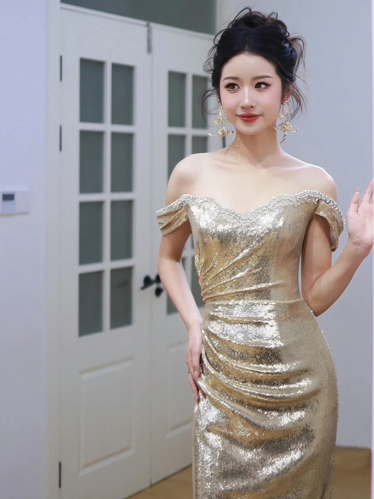 

off-Shoulder Golden Evening Dress French Host Birthday Banquet Bride Sequined Fishtail Toast