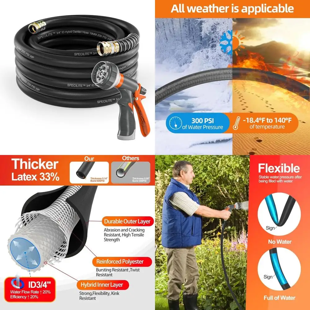 

Heavy Duty 75 Feet 3/4 Inch Flexible Garden Hose with 600 PSI Burst Pressure, Kink-Resistant Hybrid Rubber Pipe for Outdoor Use