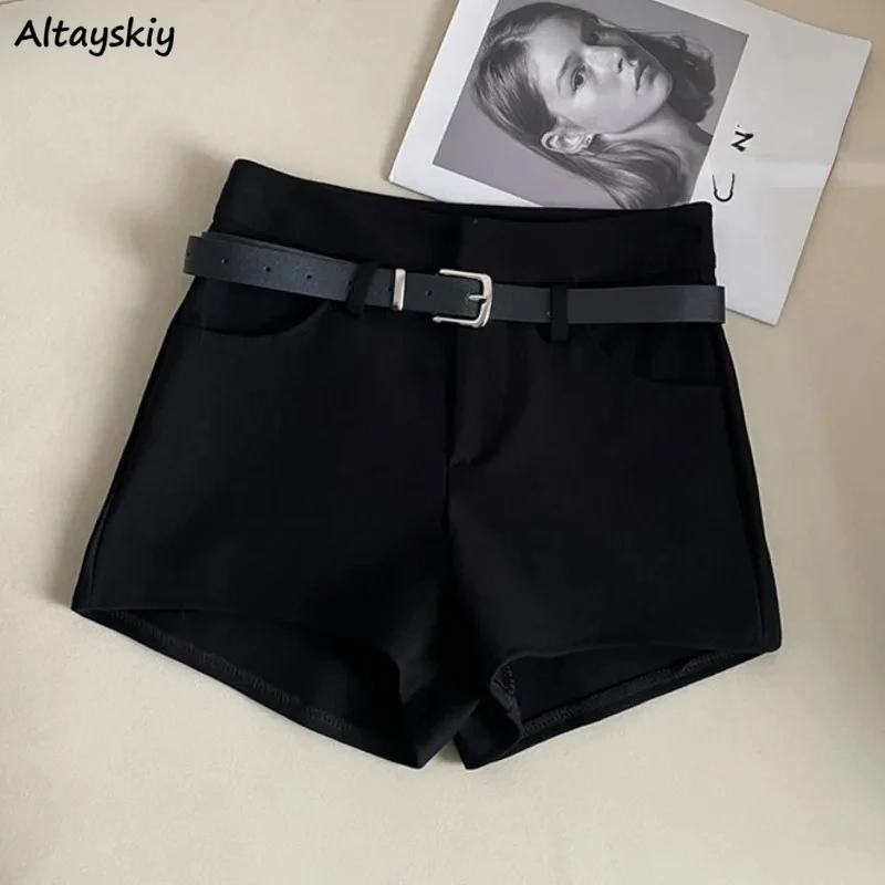 Black Above Knee Shorts Women High Waist Hot Girls with Belt Y2k Clothes Temper Trouser Korean Casual Vintage Minimalist Шорты