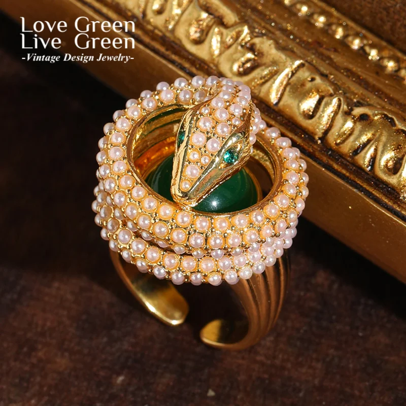 

Vintage Green Agate Pearl Snake Rings Large For Women Accessories Rhinestone Luxury Jewelry Designer Quality Gift 2025 New Party