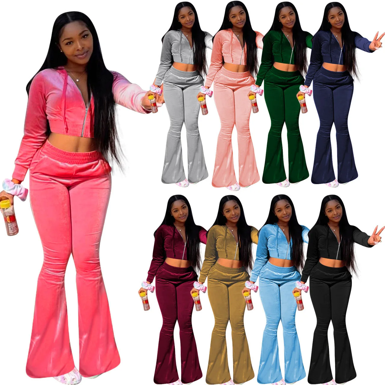 

Women's Suede Hooded Sweatirt Wide Leg Pants Set Spor Casual Outfit Two Piece Set Student orm Workwear Spring 2024