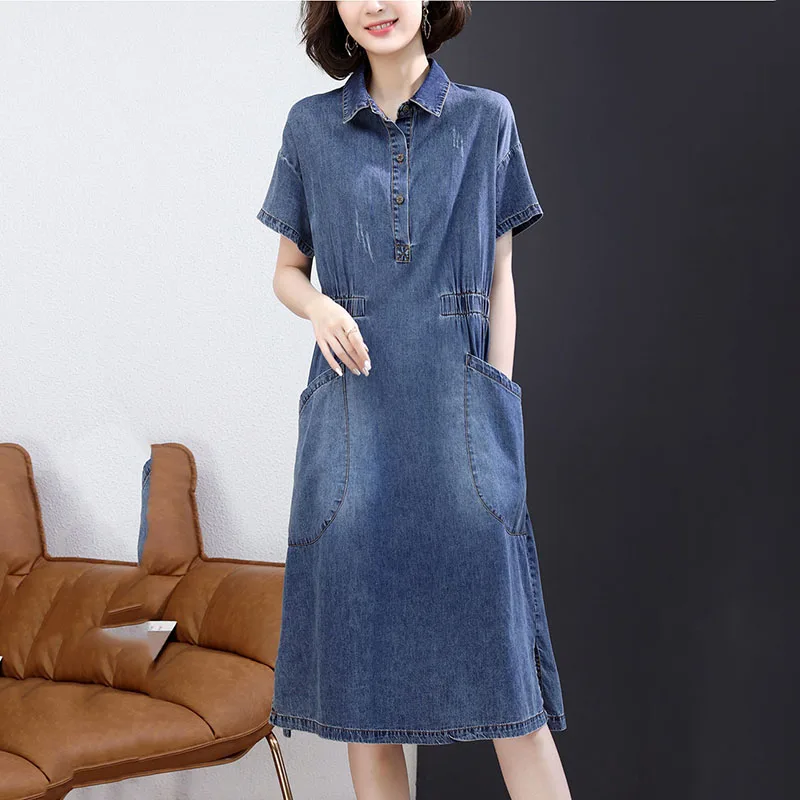 Plus Size Female Denim Dress Summer A Line Short Sleeve Casual Dresses Fashion Long Pullover Dresses Womens Office Clothing 3XL