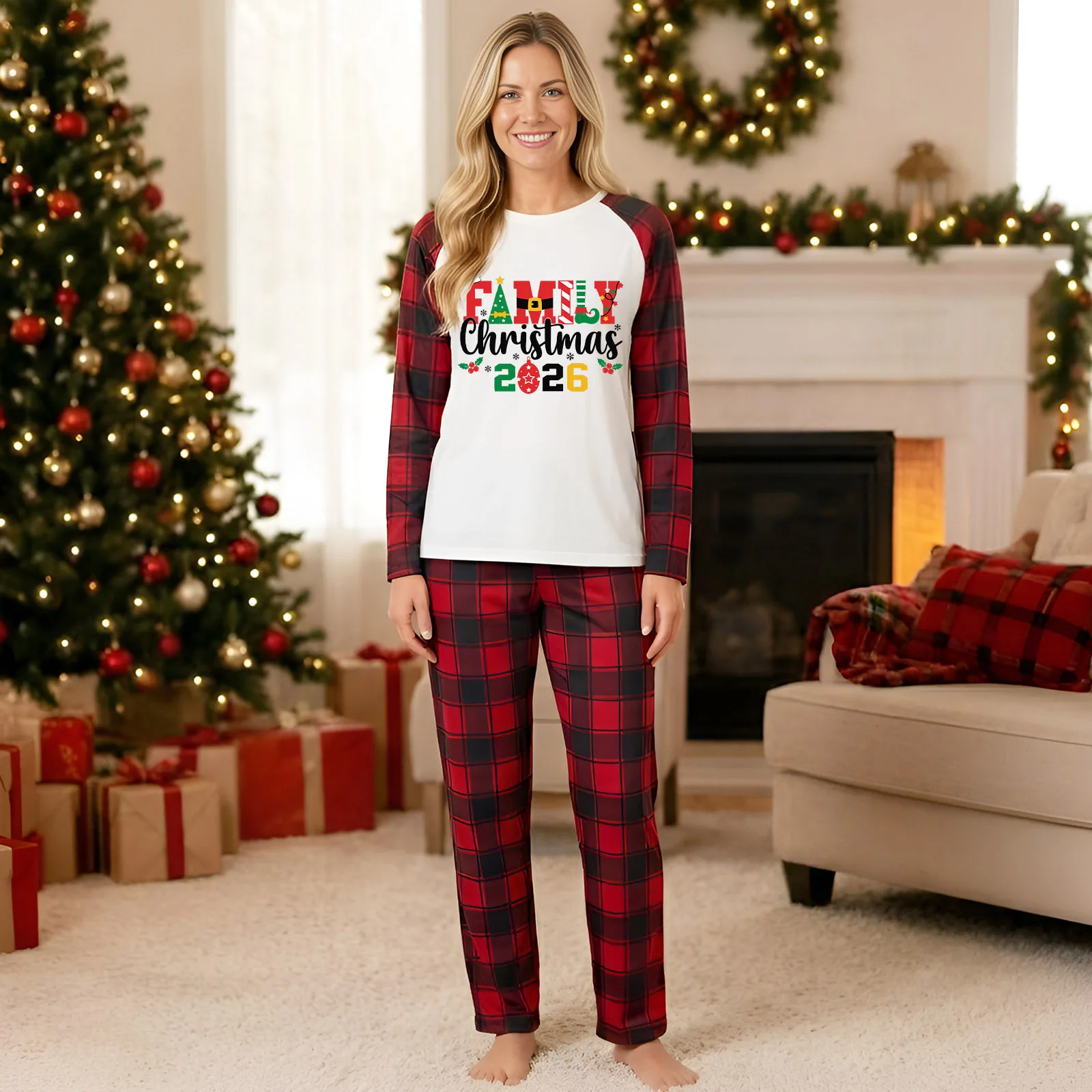Merry Christmas Letters Print Cute Loose Loungewear Family Matching Pajamas Set 2 Pcs Suit Adults Kids Clothing Xmas Party Look