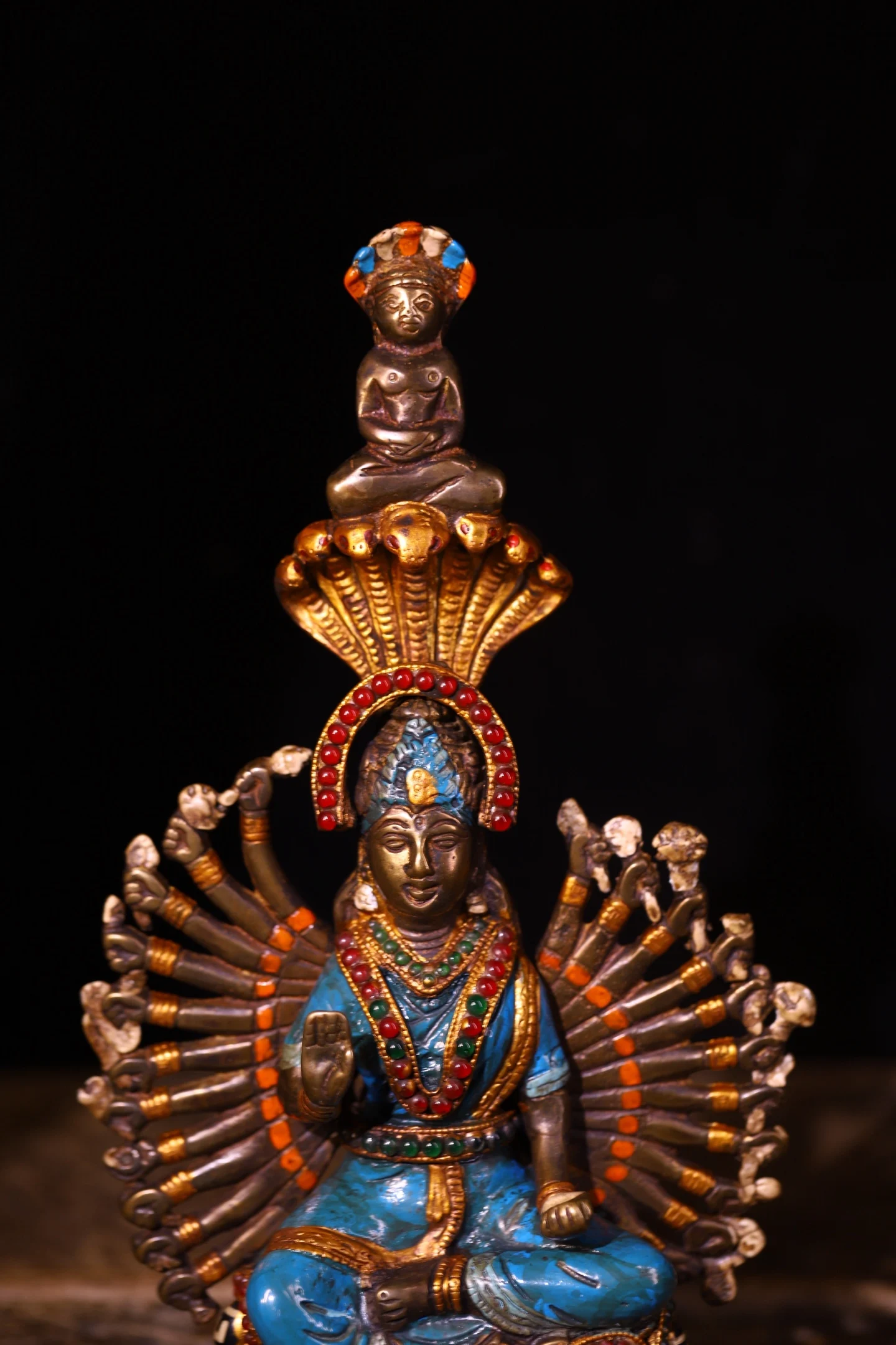 Old Lima Copper Mosaic Gem Shell Painted Shiva Buddha 1000 arms Kali Snake head backlight Seated Buddha Worship Hall
