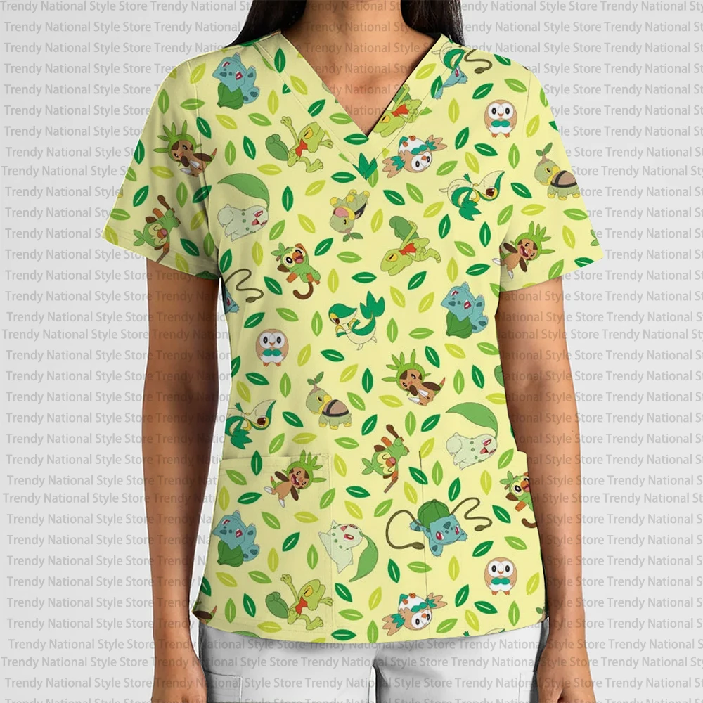 Summer Pokémon Print Pet Shop Clothing Fashionable Commuter Surgical Gown Top Women's Medical Surgical Gown V-neck T-shirt view 3