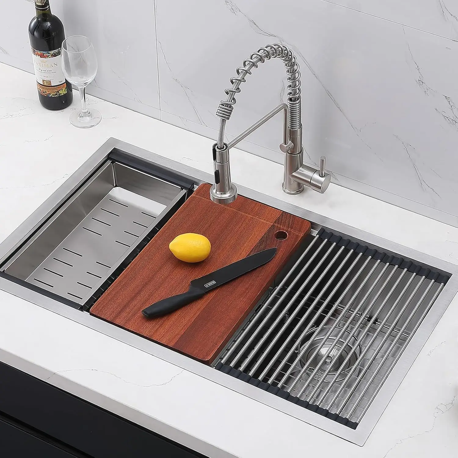 33 Inch Double Bowl Undermount Kitchen Sink, Workstation 16 Gauge Stainless Steel with Cutting Board, 9 Inch Deep