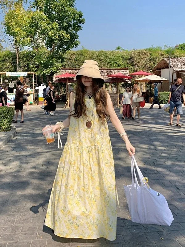 

plus Size Yellow Floral Print Sleeveless A-Line Dress Women's Summer New Loose Versatile Korean Style Commute Wind Long Dress