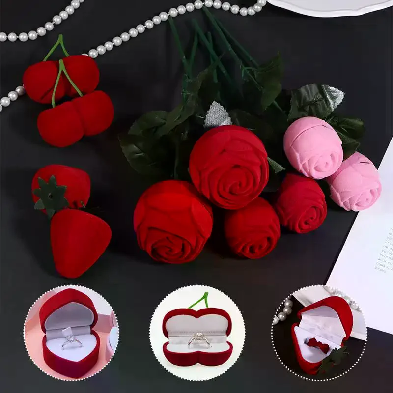 

1/2 шт. Романтическая бархатная коробка для колец в форме сердца с розами и клубникой, футляр для ювелирных украшений, подарочная коробка на День святого Валентина, Рождество, свадьбу