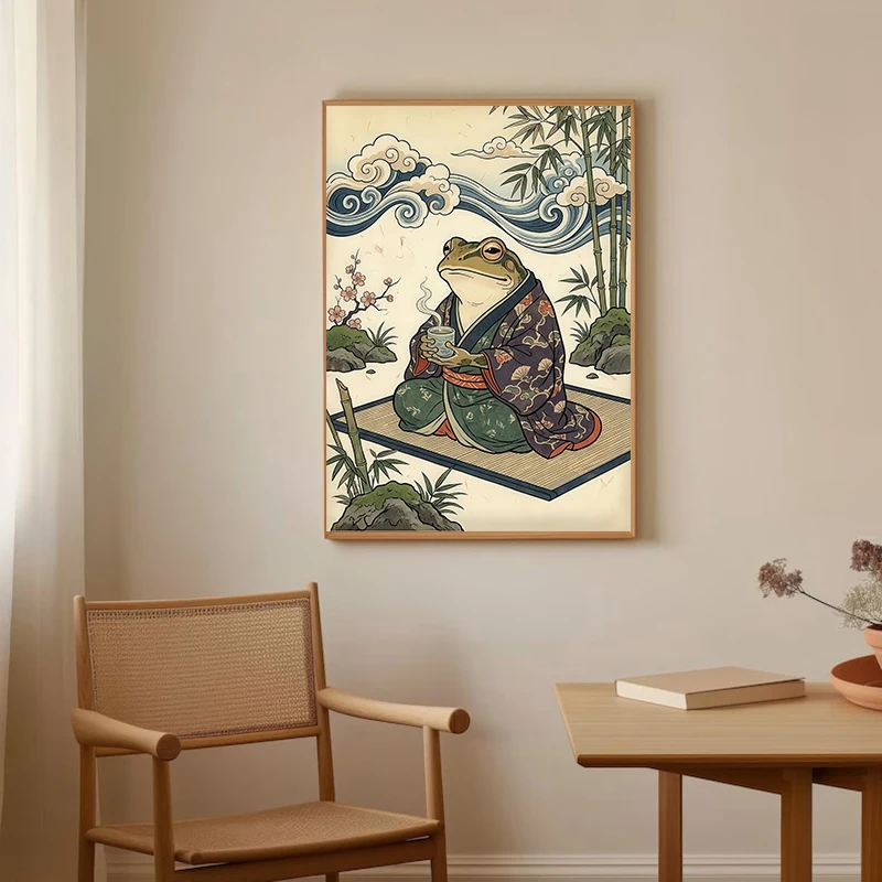 Frog Smoking A Cigarette Vintage Zen Frog Meditating Poster Art  Canvas Painting Print Funny Animal for Bar Kitchen Wall Decor