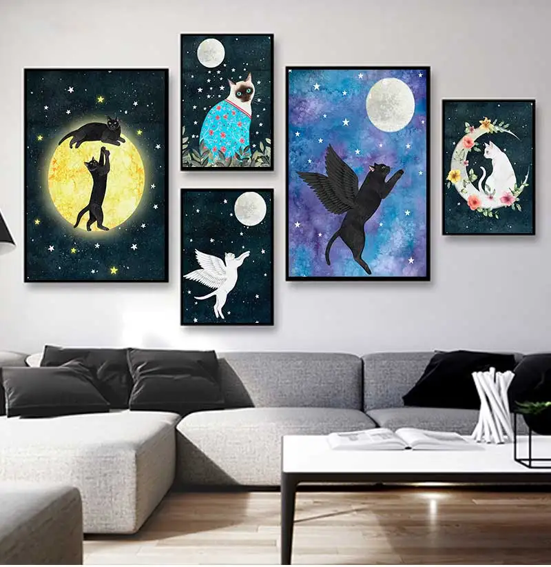 Modern Abstract Cute Cats Canvas Prints and Posters Wall Art Kitten Funny Animal Painting Living Room Bedroom Home Decor