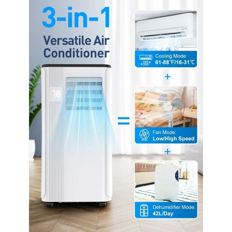 Condicionador de ar portátil para quarto, atualizado, 10000 BTU, AC, até 450 quadrados, 2024 unidade de CA com temporizador 24H, 3 em 1, ft