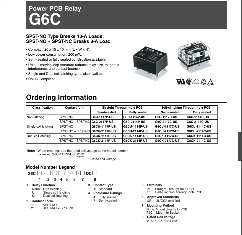 2PCS Relay G6CU-2114P-US 3VDC 5VDC 12VDC  24VDC   G6CU-1114P-US G6CU-1117P-US  G6CU-2117P-US-3V 5V 12V 24V  8A 10A  4PIN 6PIN