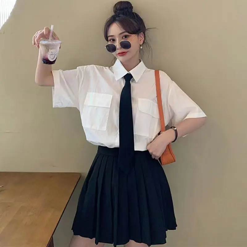 DAYIFUN 2024 Short Sleeve Blouses Women White Lapel Casual Pockets Shirts with Tie Teen Girl Student Loose Oversize Basic Blusas