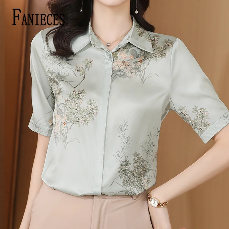 

FANIECES 4XL camisas Silk Short Sleeve Shirt Blouses for Women Satin Blouses and Shirts Summer Fashion Women Clothing Tops 6780