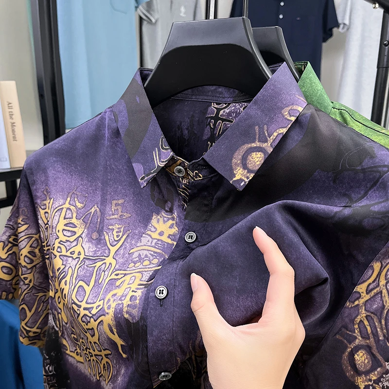 New Arrival Poplin Printing Shirt Men 2025 Summer Fashion Silk Clothes Short Sleeve Dress Shirt Single Breasted Silk Tops