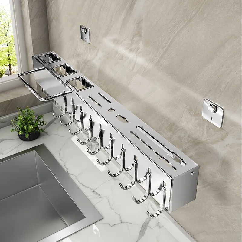 Stainless Steel Kitchen Knife Holder Wall Mounted No Drilling Multi-Function Chopsticks And Kitchen Knife Storage Rack