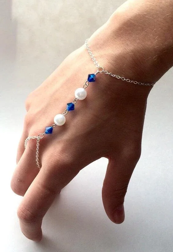 Fashion Silver Blue Crystal Pearl Bracelet Finger Hand Chain Harness Jewelry For Women