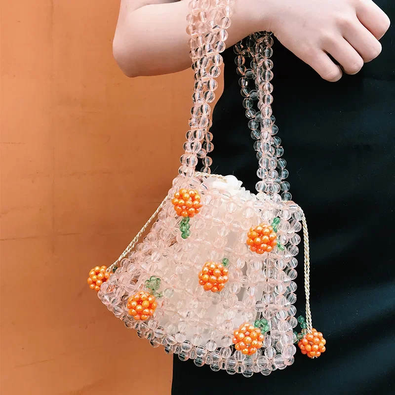 

Cute Strawberry Orange Beaded Bucket Bag Summer Vacation Handmade Clear Crystal Beads Mini Bags Sweet Sheer Drawstring Handbags