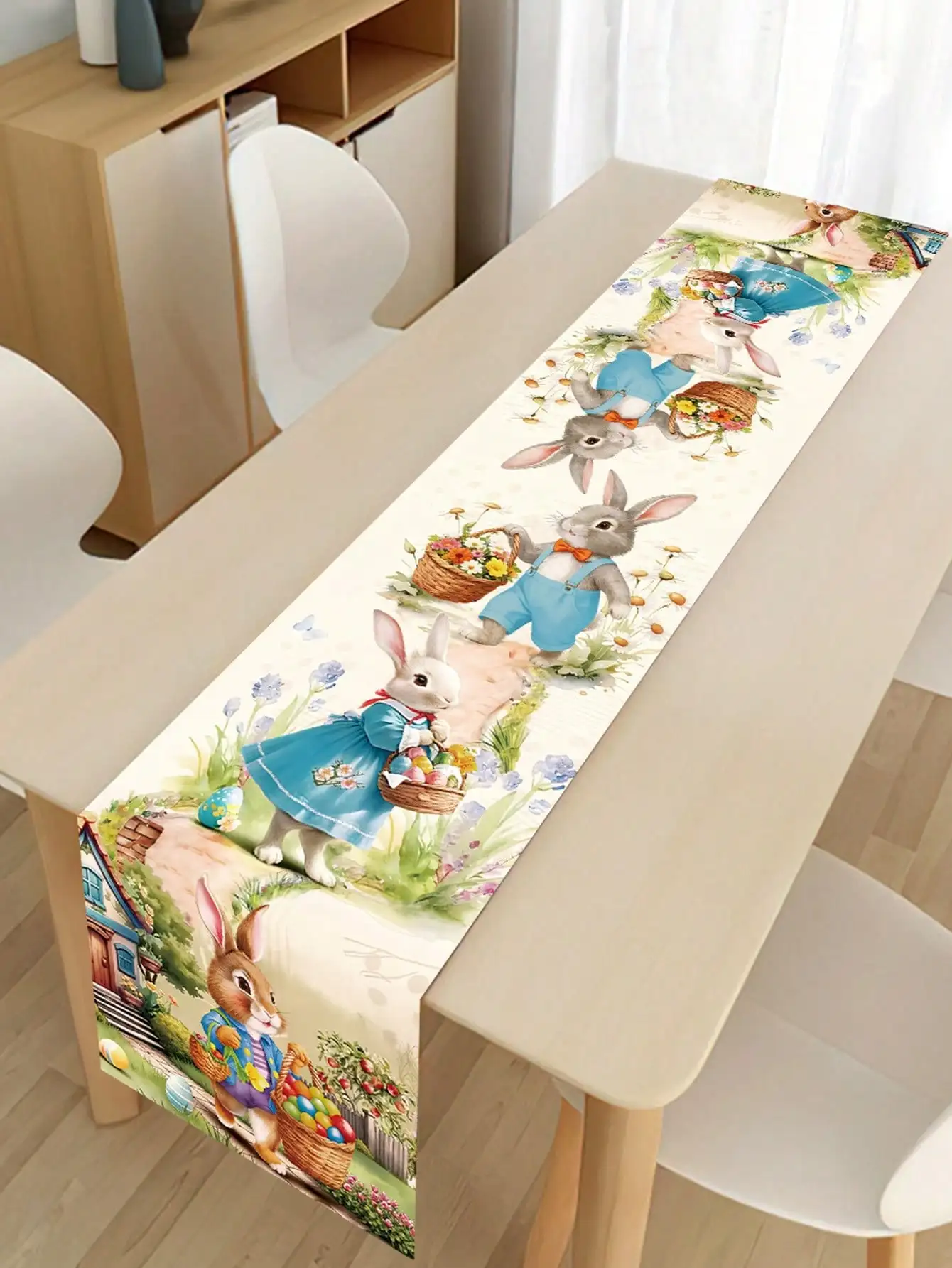 1Pcs Easter Cartoon Rabbit Table Runner Watercolor Style Cute Pet Flower Basket Dining Table Runner Holiday Party Decoration Table Runner Home Dining Table Decoration Supplies