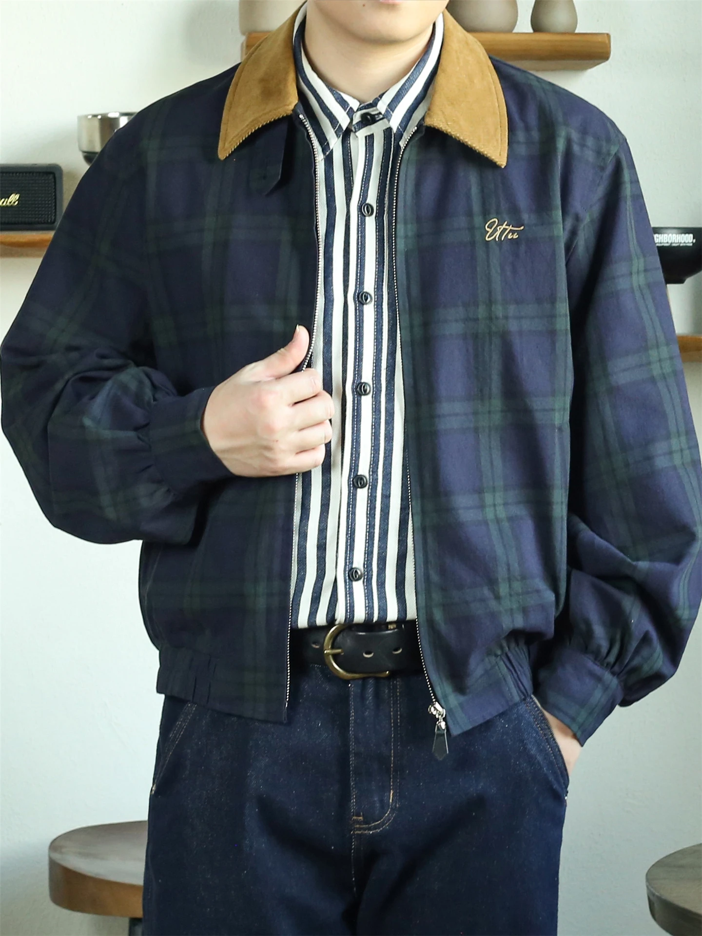 

Retro American Contrast Color ort Collar Jaet Pure Cotton Casual Plaid Top for Men And Women Autumn Season Faionable Ou...