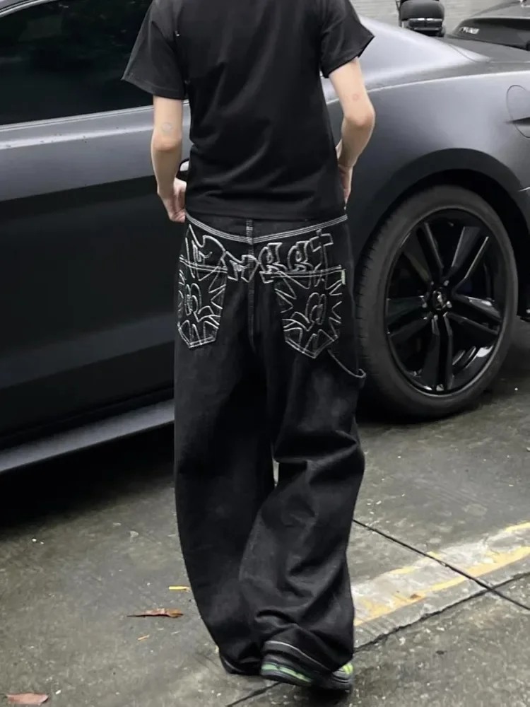 

Fmxires Vintage Embroidery Black Jeans Women Oversized Streetwear Grunge Y2k Baggy Denim Trousers Boyfriend Jeans Hip Hop Gothic