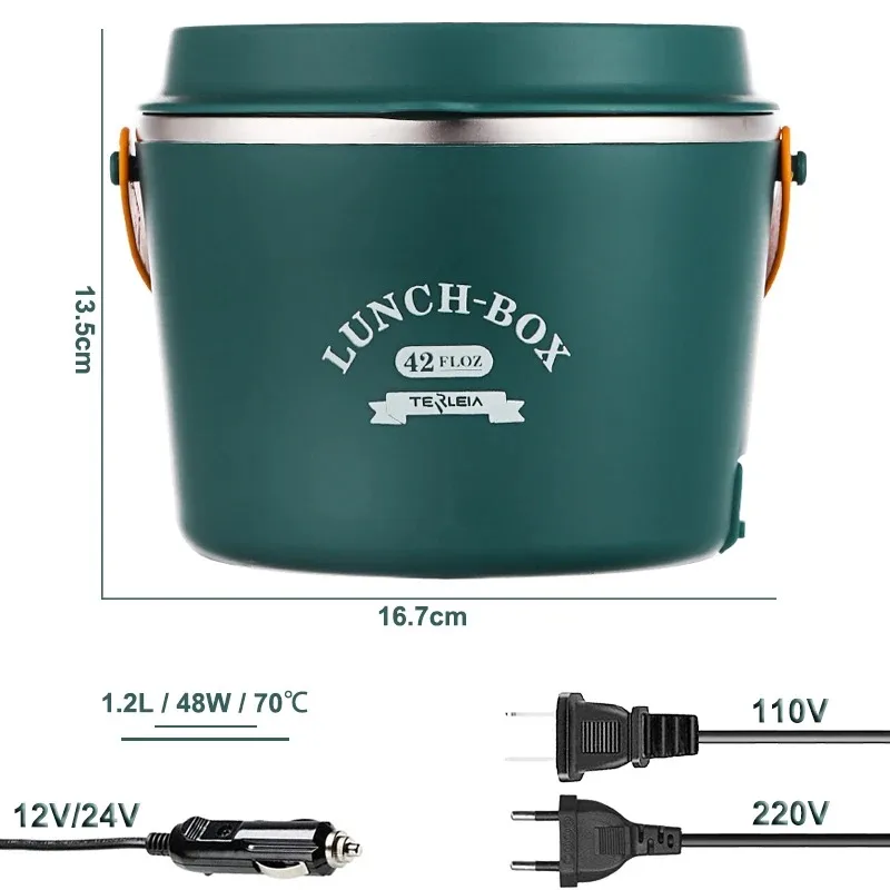 Portable 1.2L Large Capacity Electric Heating Lunch Box Stainless Steel Food Warmer Container Office Car Picnic Rice Cooker