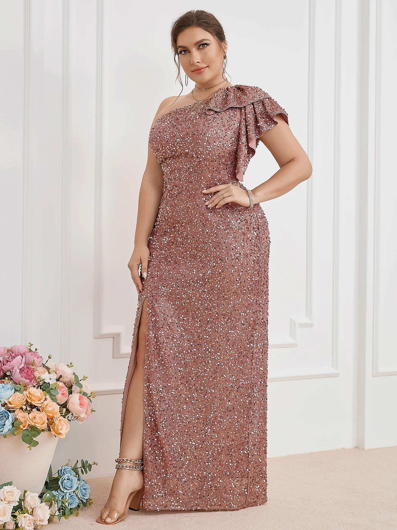 유니호스 여성 플러스 사이즈 싱글 숄더 스플릿 드레스 우아한 이브닝 가운 (플러스 사이즈 여성용)